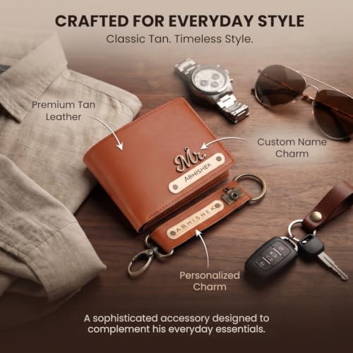 Image of Personalized Name & Charm Leather Wallet & Keychain (Dark Brown) Giftset for Men|Customized Birthday Anniversary Corporate Gift for Man|Gifts for Men|Secret Santa Gifts for Office Staff Tan Brown