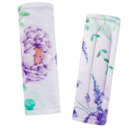 Image of CARUILI Carseat Strap Covers for Babies, Soft Seatbelt Covers for Kids, Reversible Baby Car Seat Strap Covers, Size: 6.5 x 6.5 inch, for Baby Car Seat, Stroller, Swing, High Chair, Purple Flower