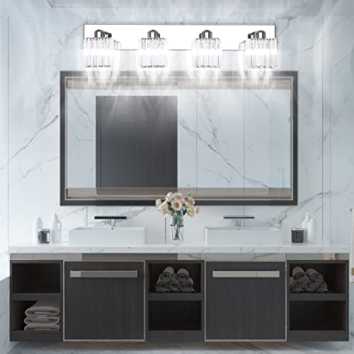 Image of Aipsun Bathroom Light Fixtures Crystal Modern Vanity Lighting Fixtures 4 Light Chrome Bathroom Vanity Light (Exclude Bulb)