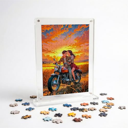 Image of Mini Leaves Couple on a Bike Acrylic Frame Jigsaw Puzzle 140 Pieces | Romantic Desk Decor with Display Frame | Premium Collectible Gift for Couples Friends & Puzzle Lovers