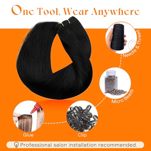 Image of Sunny Hair Sew in Hair Extensions Real Human Hair Black for Women | 12 Inch 70g, For Short Hair, All Day Wear, Lightweight Double Weft No Shedding, Perfect for Wedding, Frizz-Free