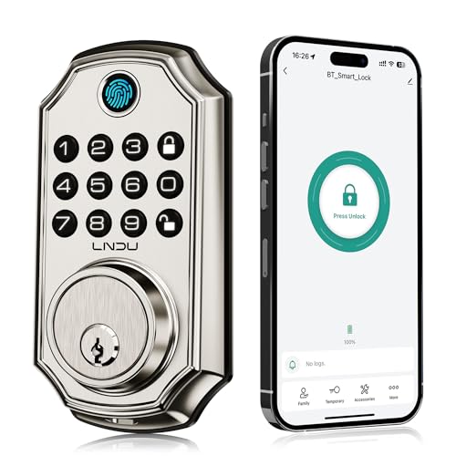 Keyless Entry Door Lock with App Control, 100 Passcode Smart Locks for Front Door, LNDU Fingerprint Door Lock, Auto Lock Anti-Peeking One Touch Lock Easy Installation, Zinc