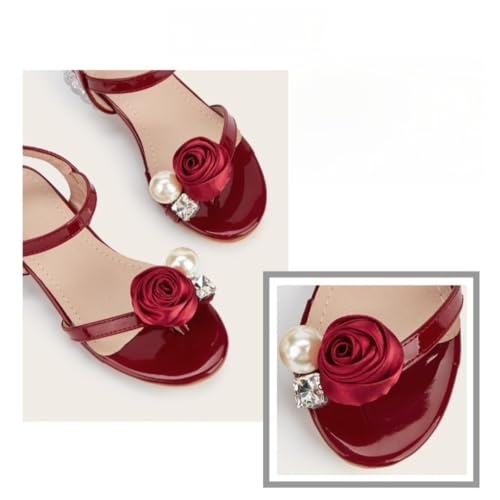 Girls Summer Low Heels Pearl Rhinestone Flower Sandals Princess Dress Shoes Wedding Party3