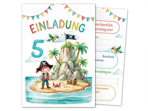 Junaversum 12 Einladungskarten zum 5. Kindergeburtstag Pirat Mädchen Jungen Kinder coole bunte Einladungen fünfte Geburtstag Geburtstagseinladungen Kids