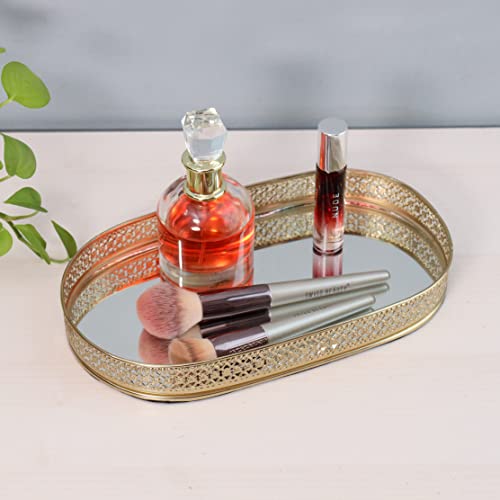Image of Craft Brio -A TRENDY HANDICRAFTS Oval Glass Mirror Gold Plated Tray Decorative Vanity Perfume Storage Pooja Wedding Diwali Gifting Trays (28 X 16 cm)