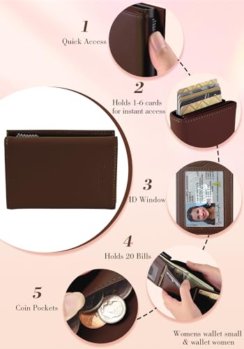 Minimalist Wallet for Women-Pop Up Business Card Case,Money Clip RFID Blocking Leather Slots Credit Card Holder Trifold Slim Wallet with ID Window and Coin Purse(Brown Wallet Women Gift)3
