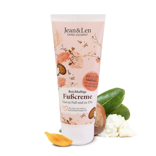 Jean & Len Fußcreme Sheabutter & Calendula, für trockene & beanspruchte Haut, pflegt intensiv & verleiht geschmeidige Füße, Rosmarin & Ingwer Duft, Foot Cream, ohne Parabene & Silikone, vegan, 100 ml