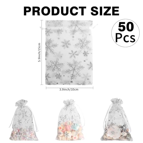 Image of Snowflake Organza Bags, 50 PCS Christmas Sheer Organza Bags with Drawstring 4 x 6 inch, Jewelry Gift Bag, White Small Mesh Goodies Xmas Wedding Favor Mini Candy Pouches Bag for Christmas Party Favors