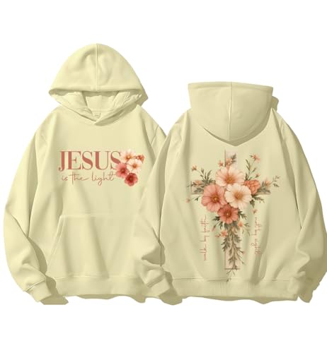 LEIMUGE Faith Cross Christian Hoodies For Women With Floral Cross Womens Graphic Sweatshirt Long Sleeve Shirt Khaki