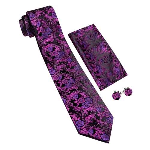 Image of Barry.Wang Flower Ties for Men Silk Woven Floral Tie Sets Necktie Handkerchief Cufflinks Wedding Party