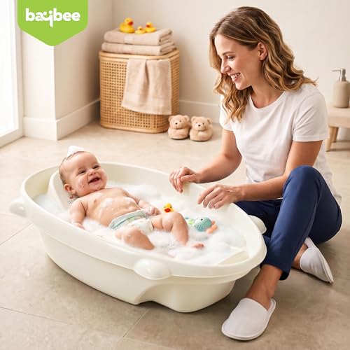 Image of Baybee AquaHug Baby Bath Tub for 0 to 5 Years | Ergonomic Bath Tub for Kids with Anti-Slip Base & Quick Drains | Sitting & Lying Babies Bather & Baby Bathing Tub for Boys Girls (White)