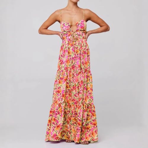 Women Floral Maxi Dress Tie Front Cut Out Backless Boho Spaghetti Strap Summer Beach Sundress3