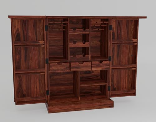 Image of Solid Sheesham Wood Bar Unit Cabinet with Storage Bottle Shelves & Built-in Glass Holder Wooden Drink Wine Rack Organizer for Living Room, Home & Lounge Dining Cupboard Liquor Furniture