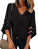 Blusas tipo túnica holgadas UMIPUBO Bluas de Mujer,Elegante Manga Corta Camisa Suelta Mujer Casual Verano Blusas Primavera Shirts Manga de Trompeta Tops Cuello en V Ropa (Negro, S)