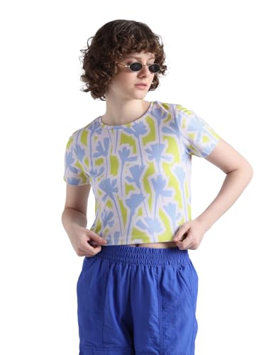 Image of ONLY Women Pure Cotton Regular Abstract Printed Round Neck Crop T-Shirt