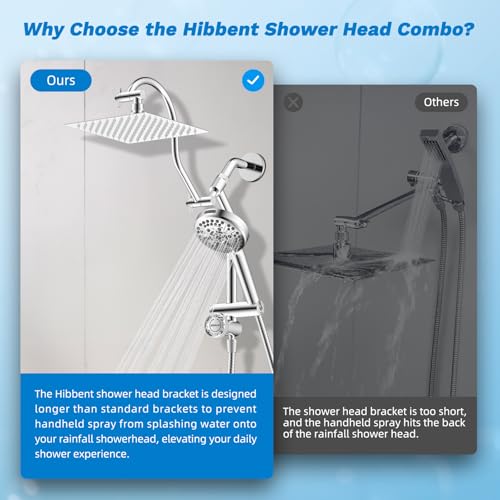 Image of Hibbent High Pressue All Metal 8 inch Rainfall Shower Head, Handheld 10-Spray | cUPC Certified Chrome Dual Showerhead Combo, 4-way Diverter with Pause Mode, Brass Extension Arm, 71'' Shower Hose & Holder