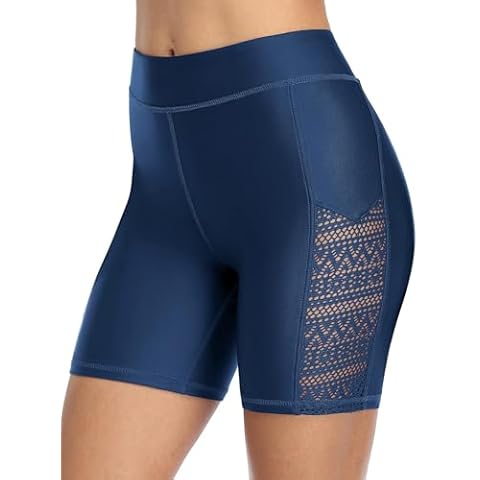 CharmLeaks Womens Hollow Out Swim Shorts High Waisted Swimsuit Bottoms Blue Gray M Cover