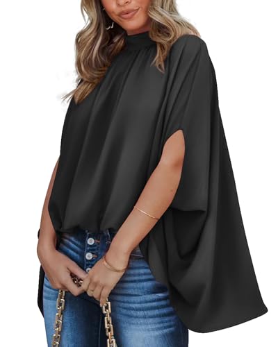 BTFBM Womens Summer Tops 2025 Fall Mock Neck Batwing Sleeve Shirts Loose High Low Hem Oversized Dressy Casual Blouses