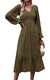 Picture of PRETTYGARDEN Women's Fall Dresses 2025 Long Sleeve V Neck Swiss Dot Empire Waist Chiffon Dress Ruffle Smocked Midi Dresses (Army Green,Large)