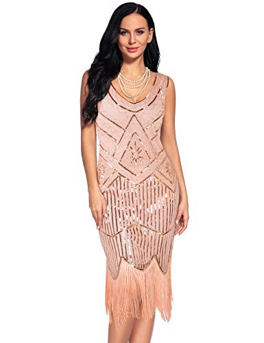Plus Size 1920s Vintage Fringed Gatsby Sequin Beaded Tassels Hem Flapper Dress for Women Champagne 4X-Large