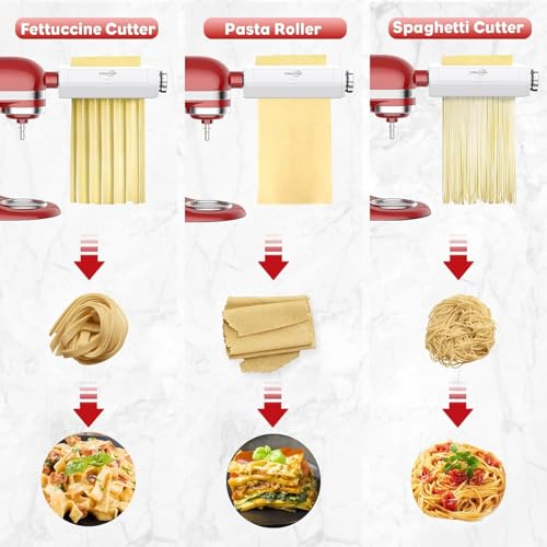 Pasta Attachment for KitchenAid Stand Mixers, 3 in 1 Pasta Maker Set for Kitchenaid, Includes Pasta Roller, Pasta Cutter and Fettuccine Cutter with Cleaning Brush