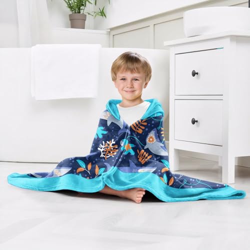 Image of Shark Boys Beach Towel with Hoodie for Kids Toddlers Age 4-8,Shark Blue Bath Towels Shower Wrap for Boys, Hooded Poncho Beach Blanket for Pool Swimming Cute Wearable Bath Towel for Child