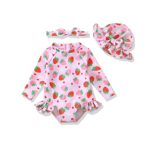 Maiô feminino de manga comprida com chapéu Rash Guard com babado floral zíper praia infantil, Morango rosa, 6-12 Months
