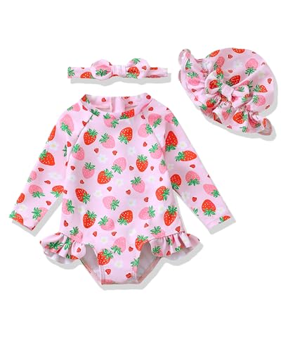 Baby Girl Swimsuit Long Sleeve One-Piece Swimwear with Hat Rash Guard Ruffle Floral Zipper Beach Infant Bathing Suit