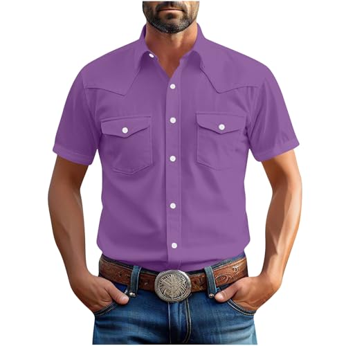 Western Cowboy Shirts for Men Short Sleeve Button Down Cotton T-Shirt Men's Shirt Jacket with Two Pockets