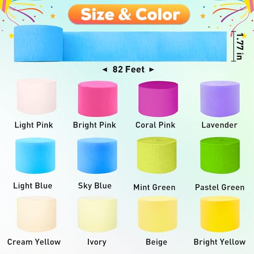 Image of Pastel Rainbow Crepe Paper Streamers, 12 Rolls, 984 ft | 12 pastel rainbow colors 82 ft per roll Crepe paper streamers For birthdays, showers, weddings, classrooms, and DIY decor