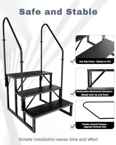 Image of 3 Step RV Steps with 2 Handrails, Outdoor RV Stairs with Anti-Slip Pedals