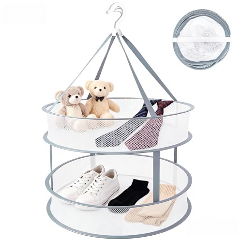 平干しネット 2段 約直径48cm 型崩れ防止 防風 落下防止 折りたたみ コンパクト収納 物干しネット 洗濯ハンガー セーター ニット 枕 ぬいぐるみ 干し網 グレー