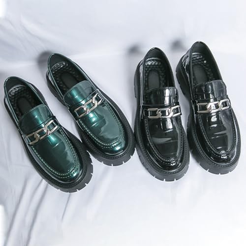 Men's Patent Leather Platform Slip-on Loafers,Fashion Round Toe Metal Decoration Non-Slip Thick Sole Business Dress Shoes Causal Party Wedding Prom Shoes4