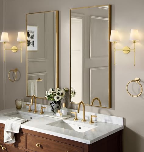 Image of Wall Sconce with Flared White Textile Lamp Shade, Double Sconces Wall Lighting Bathroom Light Fixtures, Gold Brushed Wall Lights Wall Lamp Vanity Light Fixtures with Long Arms, E26 Base