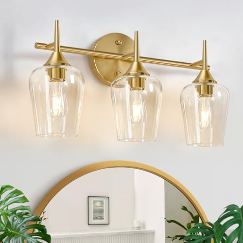 Image of MOKATNG 3-Light Bathroom Light Fixtures, 19.5 Inch Brushed Gold Vanity Lights with Wine-Glass Shape, Bathroom Lights Over Mirror, Modern Wall Lamps for Bedroom Living Room Hallway