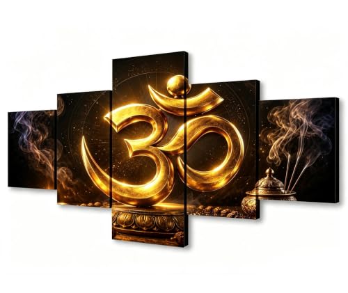 Hindu Religion Symbol Paintings Sanskrit Aum Picture Stretched 5 Piece Purple Canvas Wall Art HD Prints Home Modern Decor Brahman in Hinduism Artwork Giclee Wooden Framed Ready to Hang(50''W x 24''H)