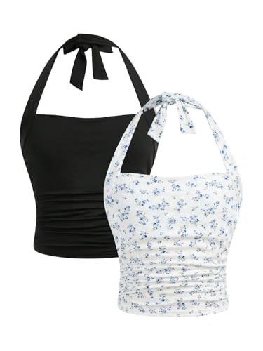 SOLY HUX Girl's Halter Crop Top 2 Packs Sleeveless Slim Fit Tank Shirts Streetwear Y2k Clothes