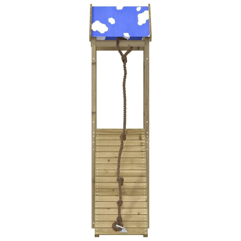 Wieża do zabawy z impregnowanego drewna sosnowego do ogrodu i na podwórko, z rampą do wspinaczki, piaskownicą i dachem chmur, platforma 90 cm, dla dzieci w wieku od 3 do 8 lat