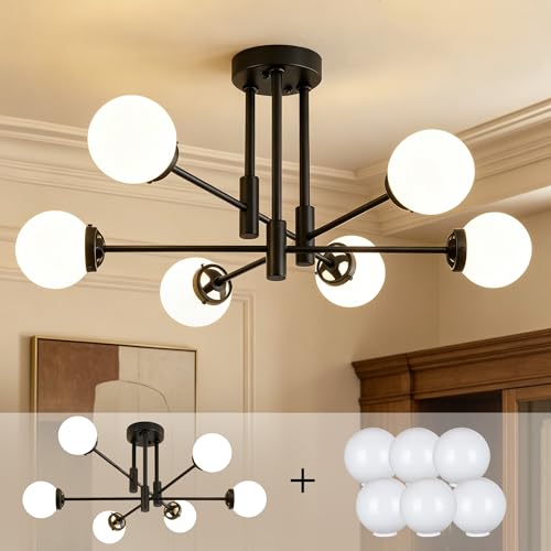 Image of Black Sputnik Ceiling Light Fixture 6 Light with Milk White Glass Shade