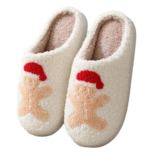 QIPILON Christmas Fluffy Slippers for Men and Women Halloween Pumpkin Cookies Christmas Striped Leopard Dachshund Retro Memory Foam Soft Plush Slippers Home Shoes AGingerbread Man43-44