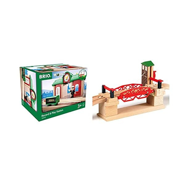BRIO World 33578 Sprechender Bahnhof Eisenbahn Zubehör mit Aufnahmefunktion & World 33757 Hebebrücke – Eisenbahnzubehör…