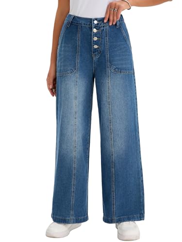 Women's Jeans High Waisted Button Fly Stretchy Straight Loose Denim Wide Leg Pants