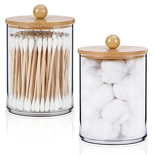 SGHUO 2 Pack Acrylic Qtip Holder Dispenser Apothecary Jars with Bamboo Lids, Cotton Ball Holder Clear Plastic Bathroom Jars for Cotton Pad Round Swab Bathroom Canister Accessories Storage Organizer