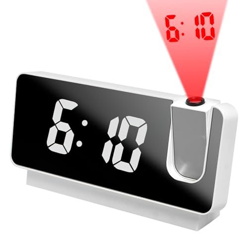 TNSLAND Projektionswecker, Wecker mit Projektion 180 °, LED Wecker Digitale Uhr, Digital Uhr Snooze-Doppelgong Temperatur USB-Anschluss Ladefuntion, Projektionsuhr für Haus Büro (Weiss)