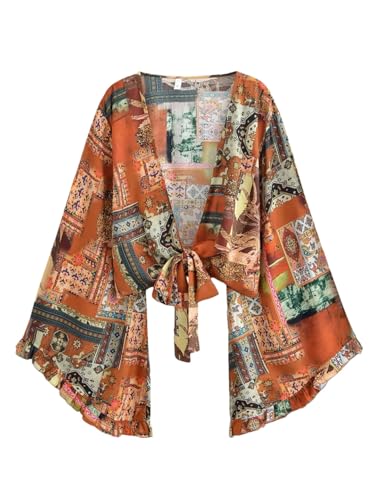 Kimono court pour femme à patchwork floral et manches évasées bohème