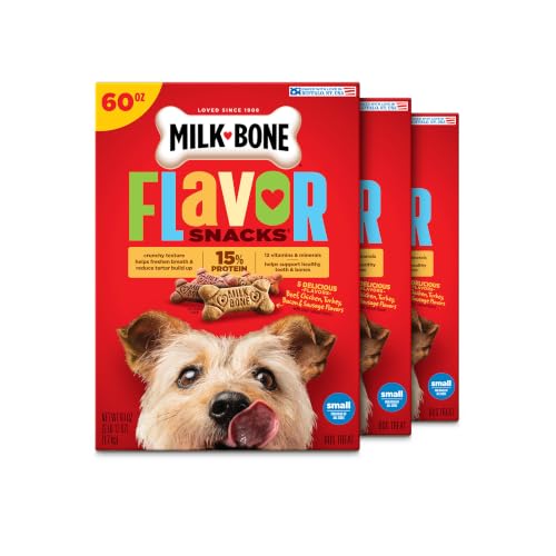Image of Milk-Bone Flavor Snacks Small Dog Biscuits, 60 oz Boxes | 3-pack bulk case, 5 meaty flavors with other natural flavors, crunchy dog treats, 15% protein, 12 vitamins, made in the USA