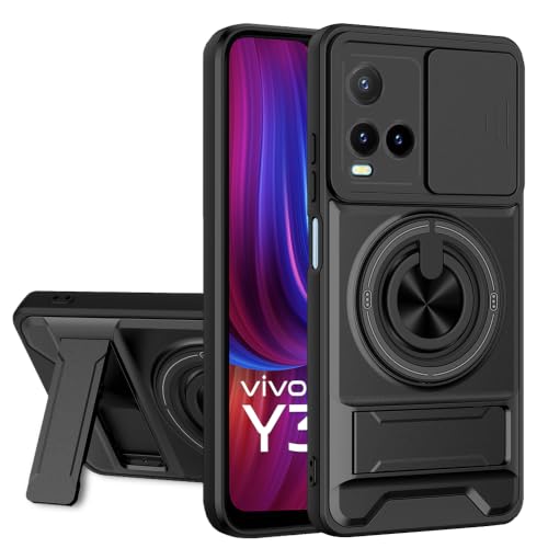 Image of AESTMO Vivo Y33S Back Cover | Armor Camera Slider 360 Degree Rotating Finger Ring Holder Case with Bracket Stand Back Case Cover (Compatible with MagSafe Accessories) (Black)