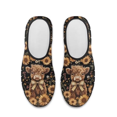 JoyLamoria House Highland Cow Flower Print Shoes for Women Casual Fashion Work Orthopedic Mesh Travel
