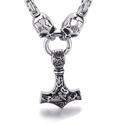 WDBAYXH Herren Gothic Riss Totenkopf Halskette Viking Thors Hammer Mjolnir Anhänger, Schwarz Silber Gold Edelstahl Schwere Königskette Amulett Schmuck, Radfahrer, Antistatisch, Einzigartig,Silber Cover
