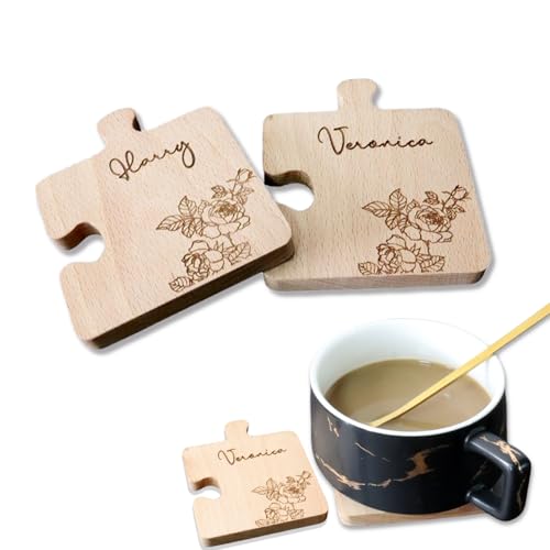 Personalised Wooden Puzzle Coasters | Custom Name & Rose Engraved | Ideal for Couples, Families & Gifting，Single